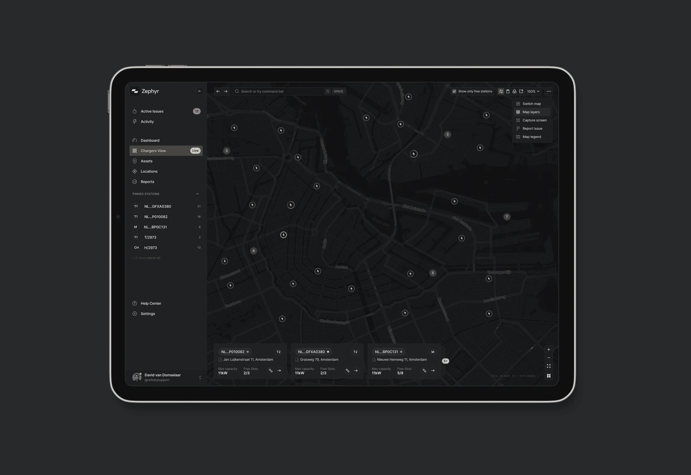 Zephyr charging network map on a tablet